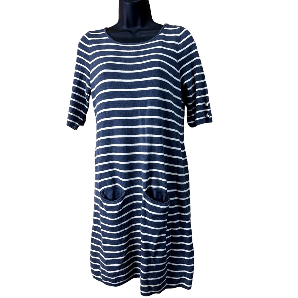 Krimson Klover Striped Sweater Dress Womens M Blue White Pockets Nautical Casual